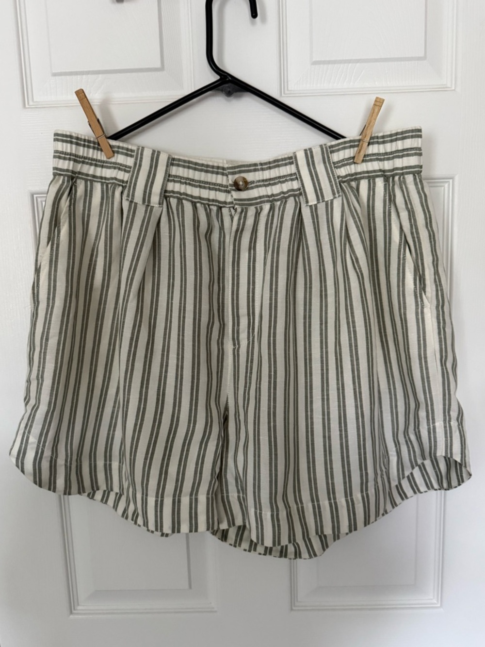 Madewell Olive and White Striped High-Waist Shorts